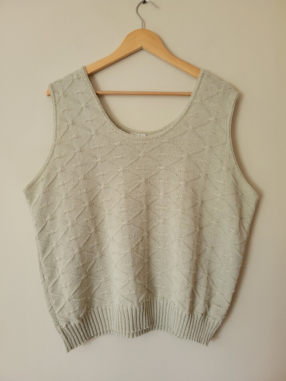 Vintage Scoop Neck Textured Knit Neutral Beige Sweater Vest Minimalist Preppy XL